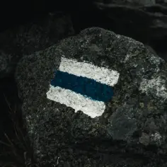 Niebieski szlak turystyczny namalowany na skale w górach.